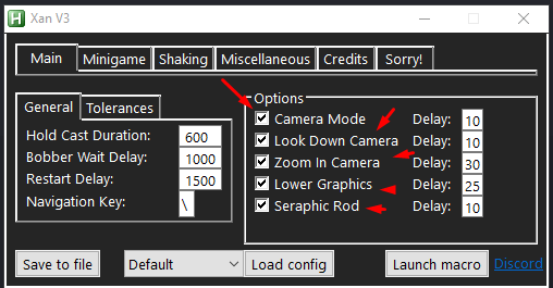 Xan v3 Macro Main Tab setting for Fisch automation